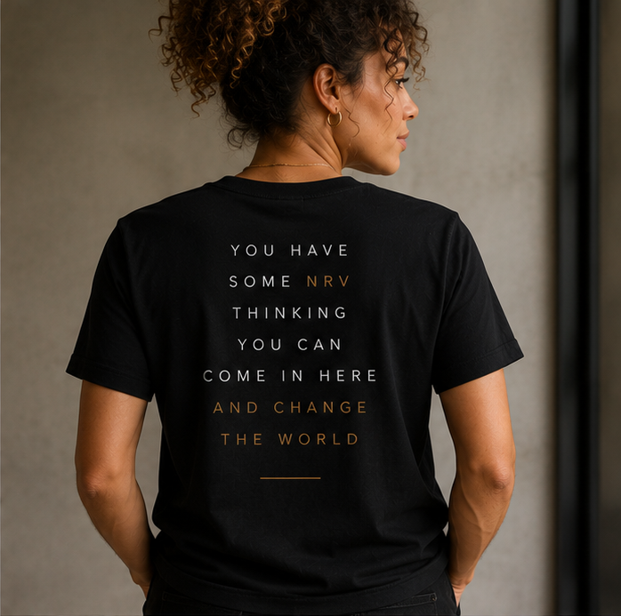 NRV t-shirt with 'You have some NRV thinking' message on the back